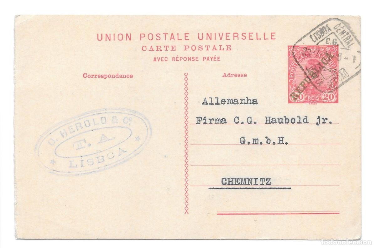 Sellos: ENTERO POSTAL AVEC REPONSE PAYEE 20 REIS SOBRECARGADO REPUBLICA DE LISBOA A CHEMINTZ - SUIZA 1911