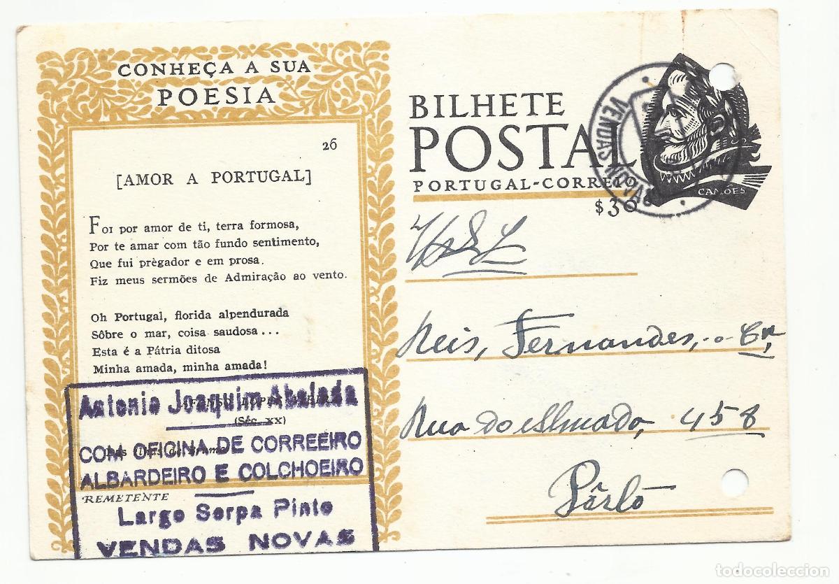 Sellos: bilhete postal poesia 1948 de vendas novas a porto portugal