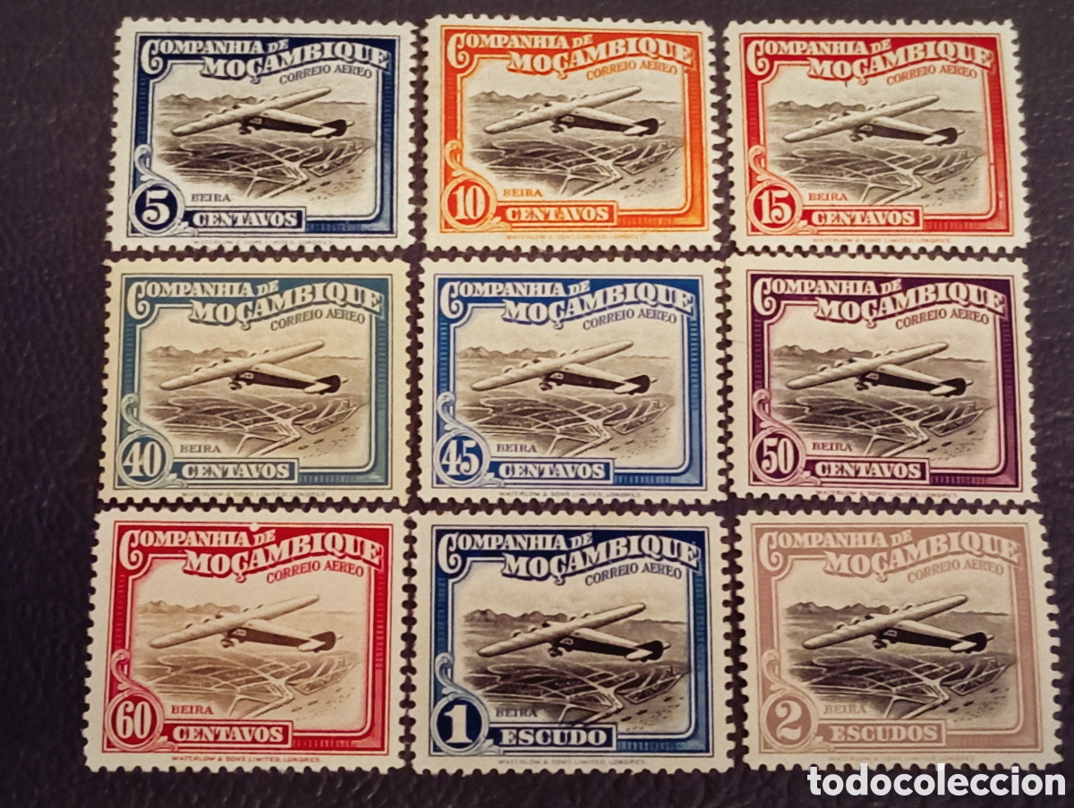 Sellos: 1935 Compa&ntilde;&iacute;a de Mozambique - Avi&oacute;n sobre Beira - Lote 9 Sellos MNH** (Scott C1-C10)