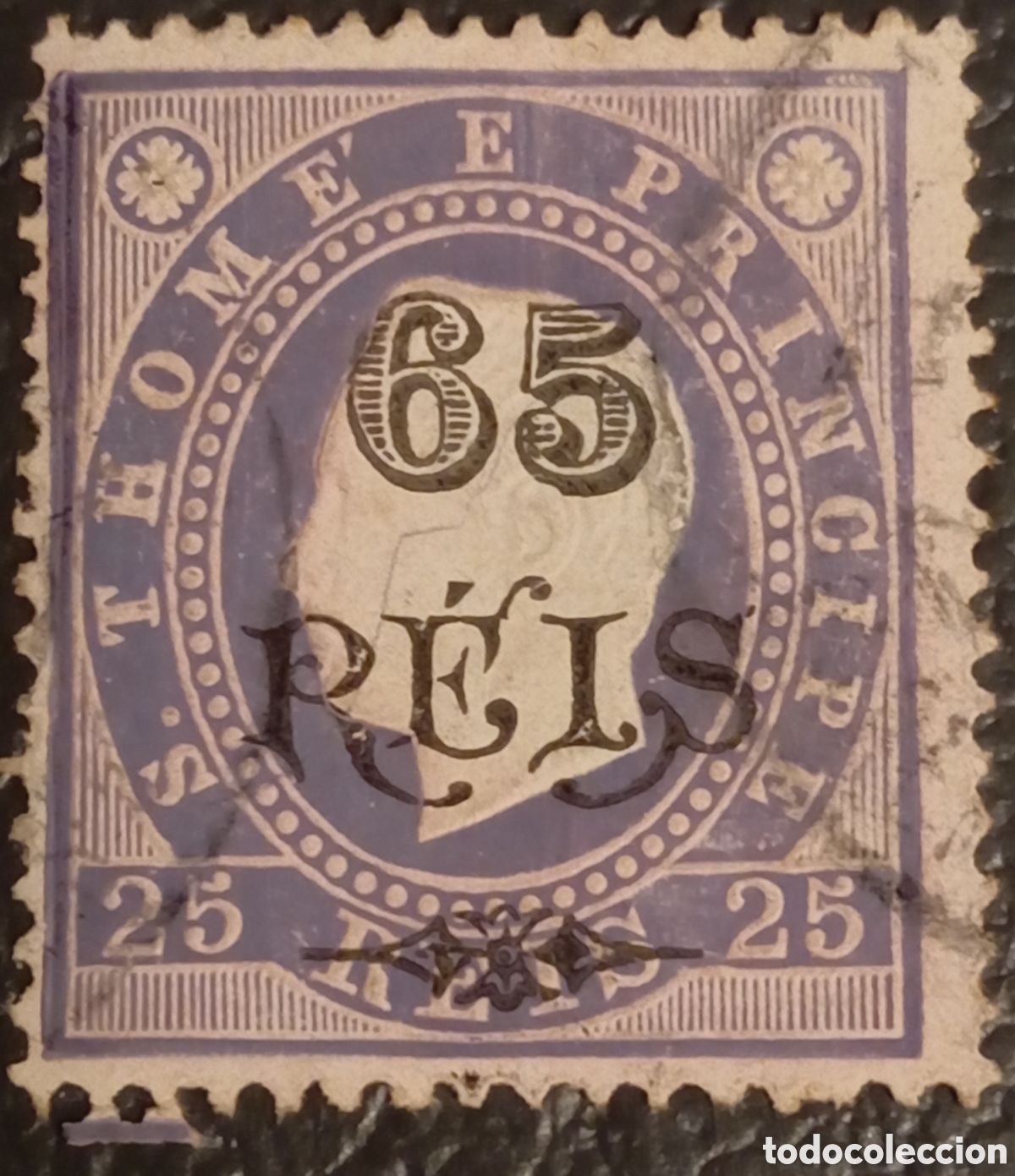 Sellos: Sello Santo Tom&eacute; y Pr&iacute;ncipe 1902 - Carlos I Sobrecargado 65 R&Eacute;IS sobre 25r - Scott #75