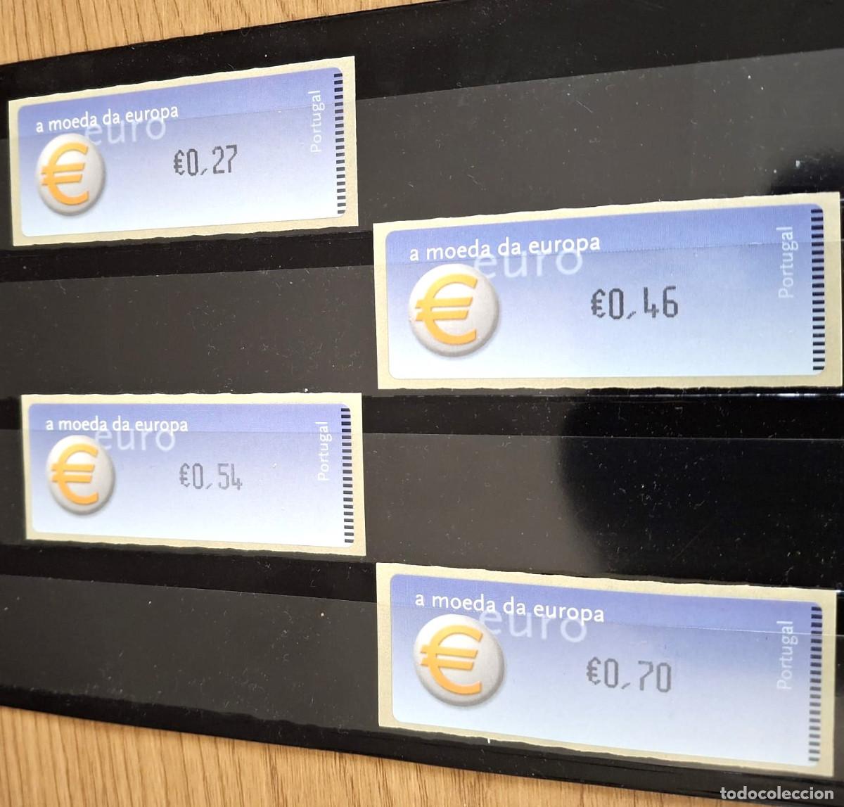 Sellos: Portugal 2002, ATM: &rdquo;El Euro, moneda &uacute;nica&rdquo; 4 val. (8 cm x 3 cm)./ Nuevo, sin charnela. MNH (Foto)