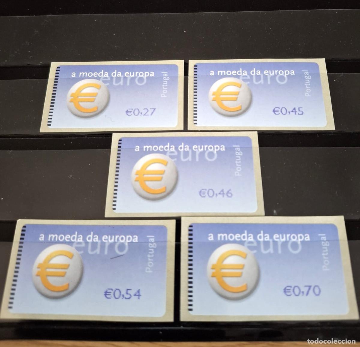 Sellos: Portugal 2002, ATM: &rdquo;El Euro, moneda &uacute;nica&rdquo; 5 val. tipo c (5,5 cm x 3 cm)./ Nuevo. MNH (F)
