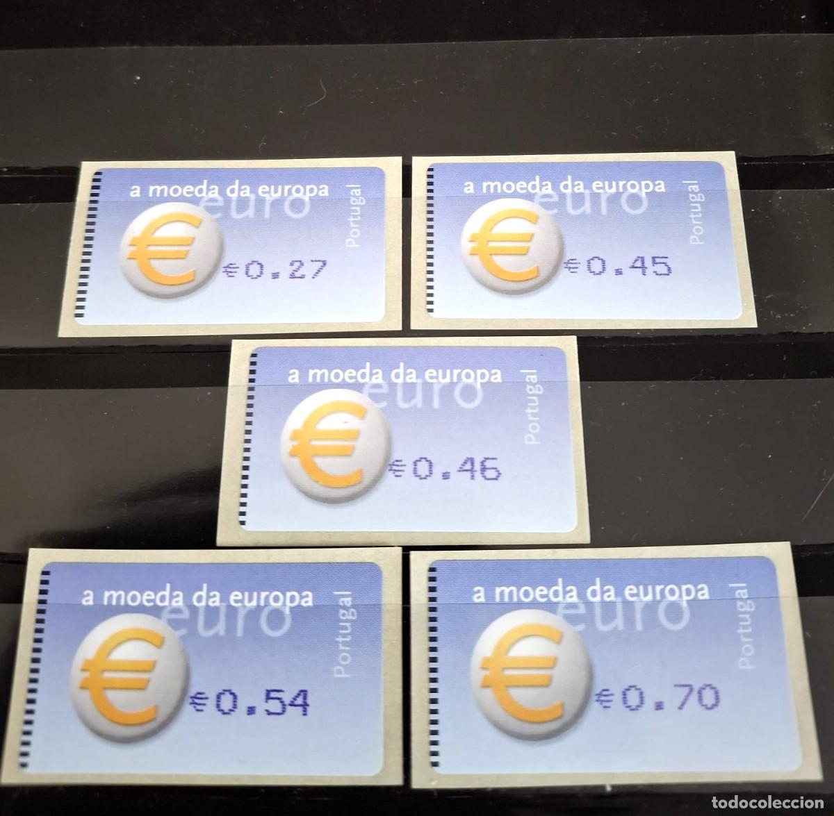 Sellos: Portugal 2002, ATM: &rdquo;El Euro, moneda &uacute;nica&rdquo; 5 val. tipo d (5,5 cm x 3 cm)./ Nuevo. MNH (Foto)