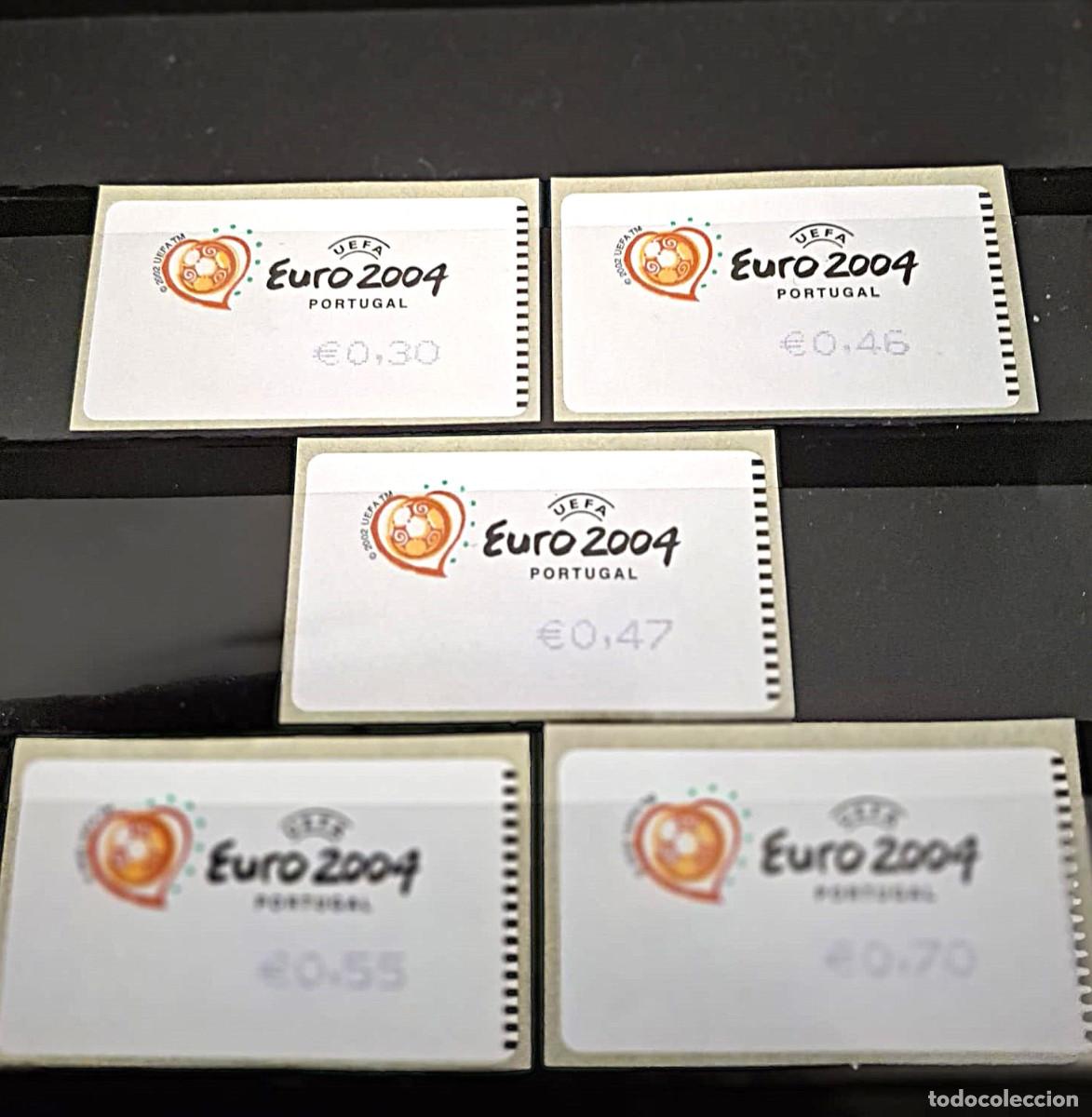Sellos: Portugal 2003, ATM: &rdquo;UEFA, Euro2004&rdquo; 5 val. tipo b: (5,5 cm x 3 cm)./ Nuevo. MNH (Foto)