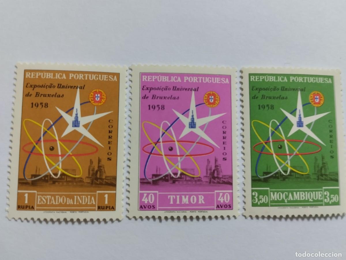 Sellos: REP&Uacute;BLICA PORTUGUESA, A&Ntilde;O 1958, ESTADO DE INDIA, TIMOR Y MOZAMBIQUE, EXPOSICI&Oacute;N UNIVERSAL DE BRUSELA