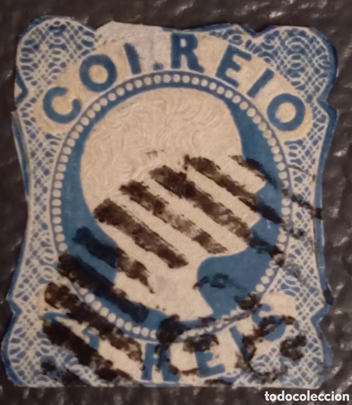 Sellos: PORTUGAL Yvert 10 (&ordm;) 25 Reis Azul Cabellos rizados Pedro V 1856/1858 alto valor
