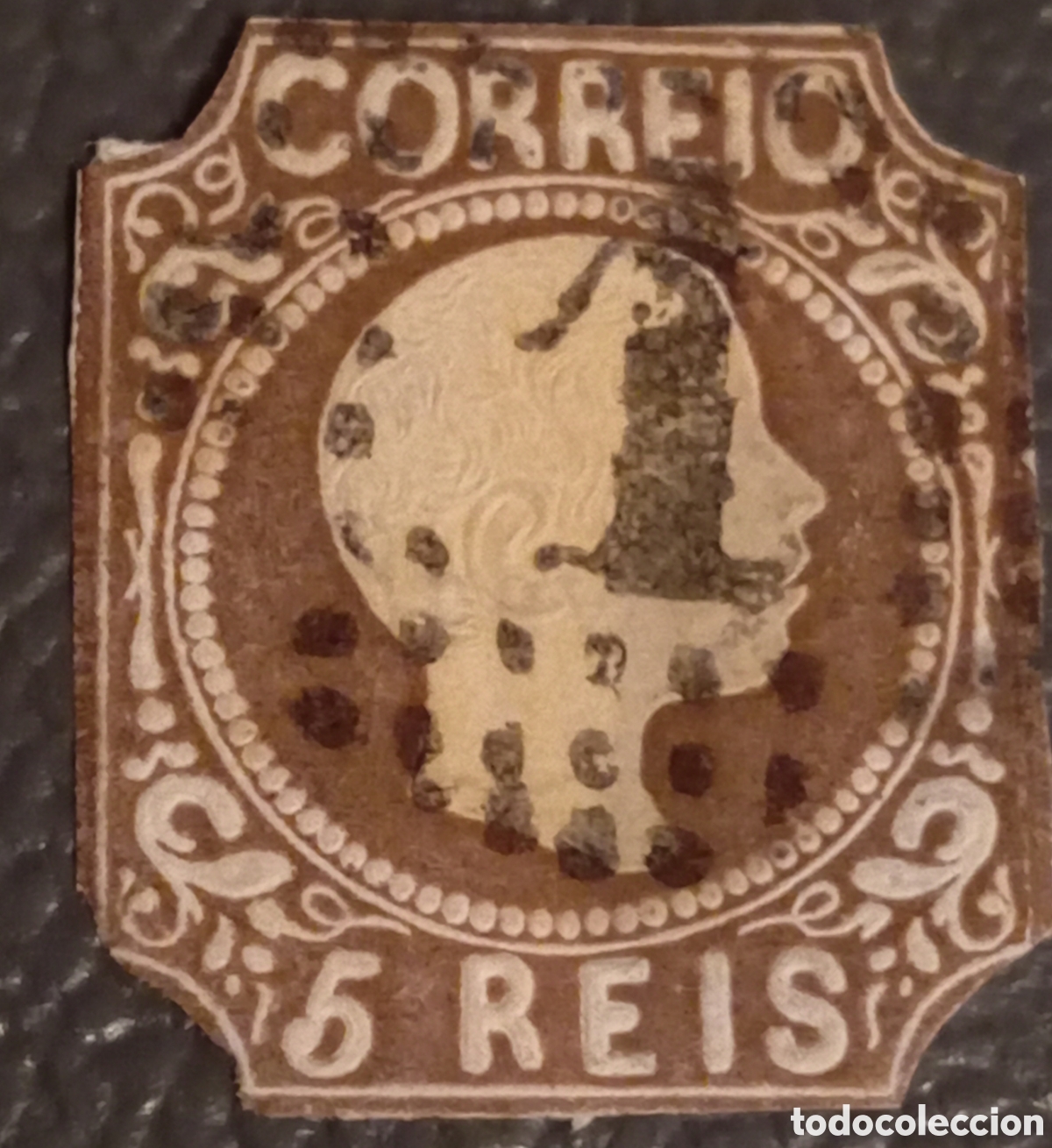 Sellos: PORTUGAL Scott 9 (&ordm;) 5 Reis Cabellos rizados Pedro V 1856/1858 alto valor