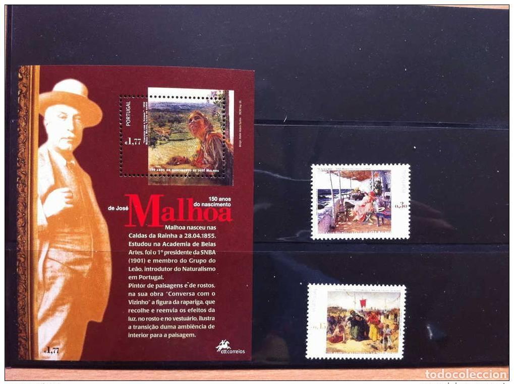 Sellos: PORTUGAL 2005 PINTOR JOSE MALHOA PAINTER 1 bloque S/S + 2 sellos