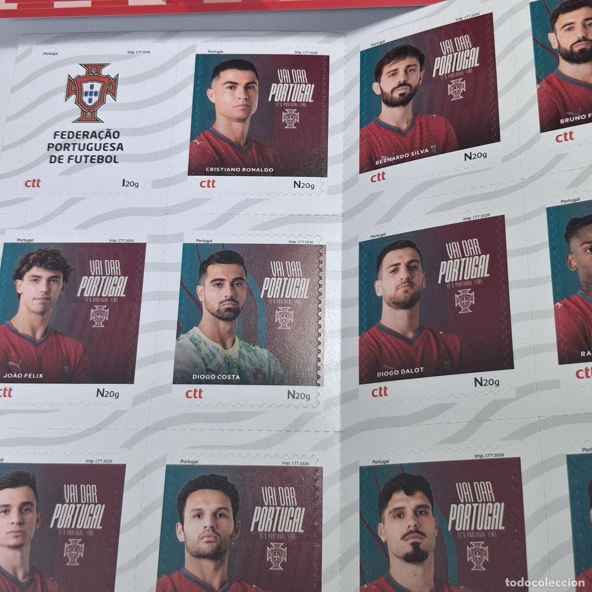 Sellos: 24 SELLOS DEL EQUIPO DE PORTUGAL 2026, CON CRISTIANO RONALDO Y UNA POSTAL DE &rdquo;VAMOS PORTUGAL&rdquo;