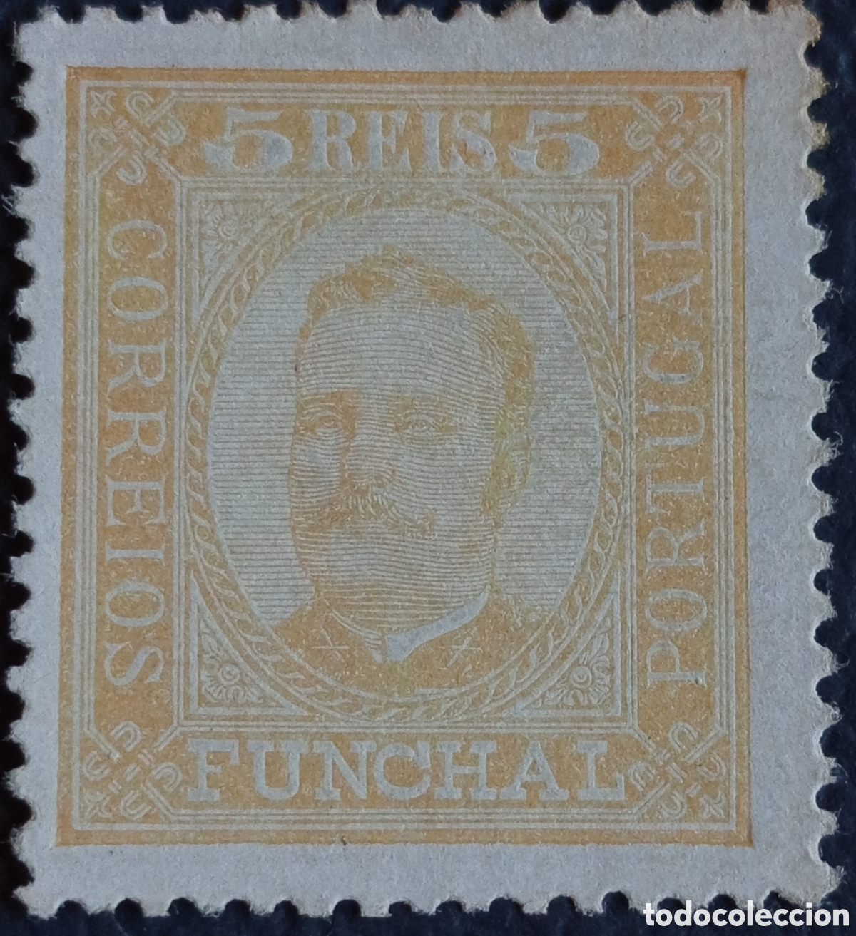 Sellos: Funchal Madeira 1892 5 Reis Amarillo Rey Carlos I Scott 1 Michel 1 MH