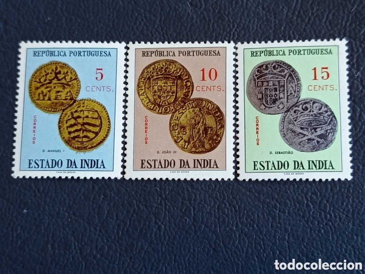 Sellos: India Portuguesa 1959 Monedas Hist&oacute;ricas 5/10/15c Scott 506-08 Mi 502-04 MNH