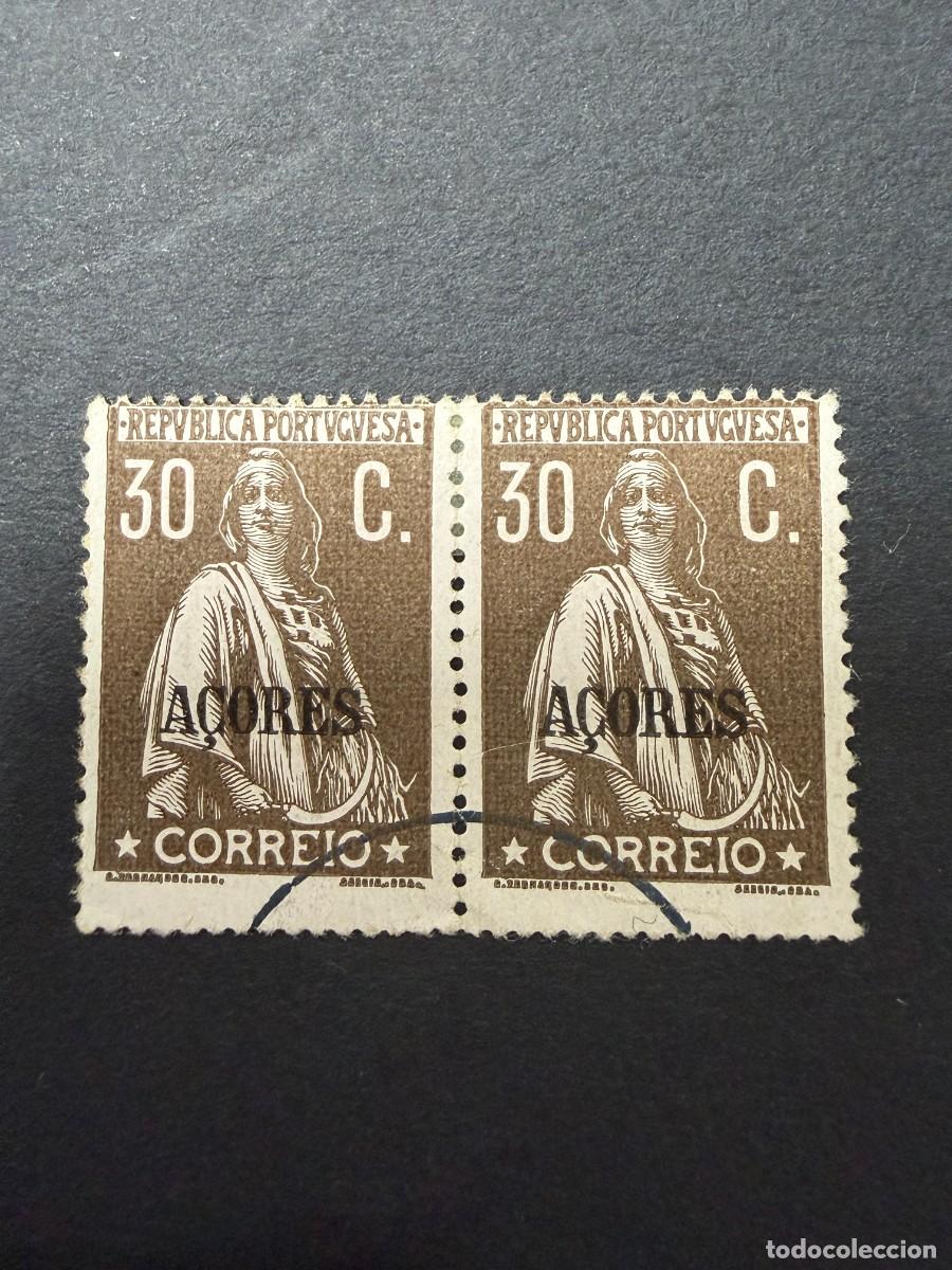 Sellos: AZORES, A&Ccedil;ORES, 1913. YVERT 181. CERES. HABILITADO. USADO. BLOQUE DE 2