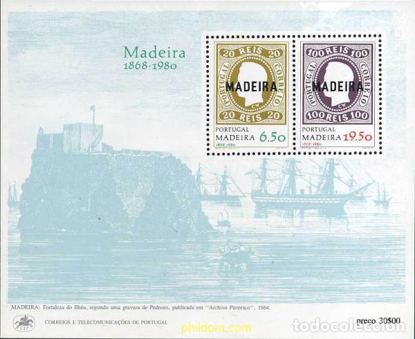 Sellos: 126728 MNH MADEIRA 1980 EVOCACION DE LA PRIMERA EMISION DE SELLOS POSTALES DE MADEIRA