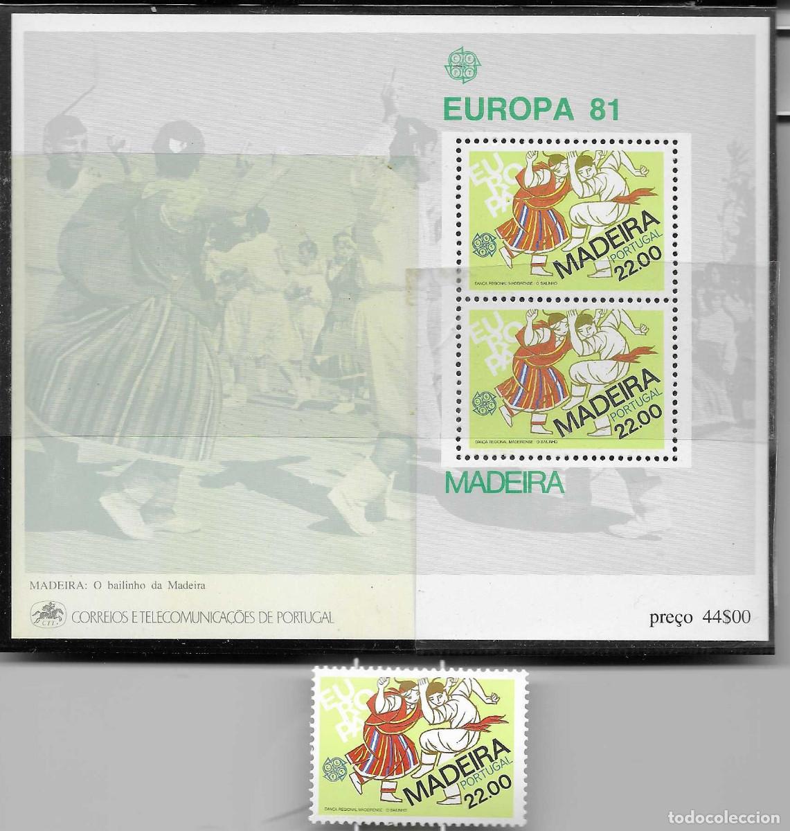 Sellos: Serie y hoja bloque nuevas de Madeira. Serie Europa de 1981