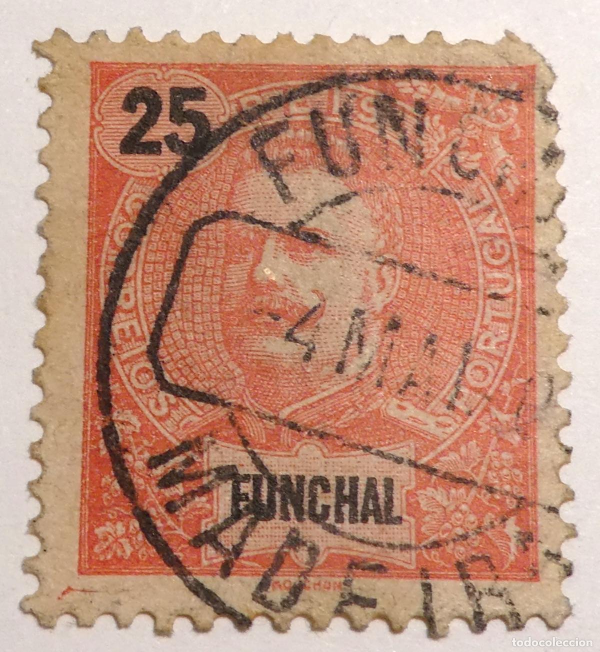 Sellos: Sello postal de Portugal de 25 Reis, Rey Carlos I matasellos &rdquo;FUNCHAL&rdquo; isla de Madeira 1892