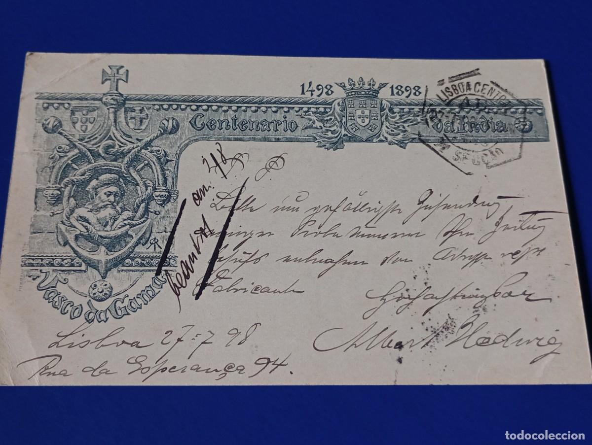 Sellos: Portugal entero postal V Centenario da India Vasco da Gama viajada 1898 con sello adicional