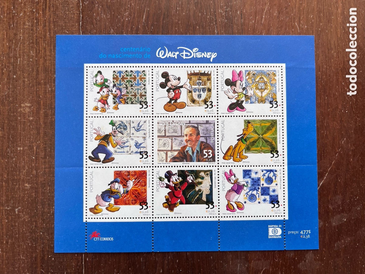 Sellos: Portugal 2001 - Walt Disney Centen&aacute;rio - Folha Completa 9 Selos - Azulejos Portugueses - Nova
