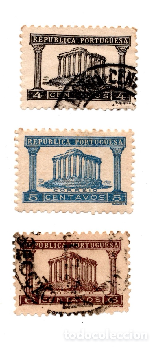 Sellos: Portugal 1935 - Templo Romano de &Eacute;vora - 4c+5c+6c - Lote 3 selos usado/novo
