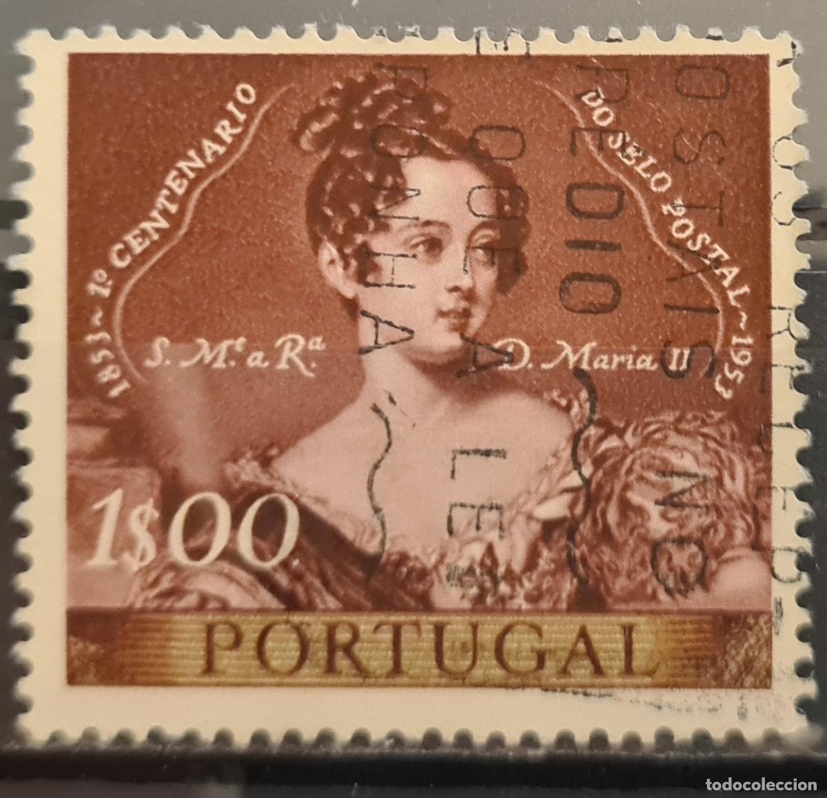 Sellos: Sello usado de Portugal 1953. Centenario del sello: retrato de la reina Do&ntilde;a Maria II