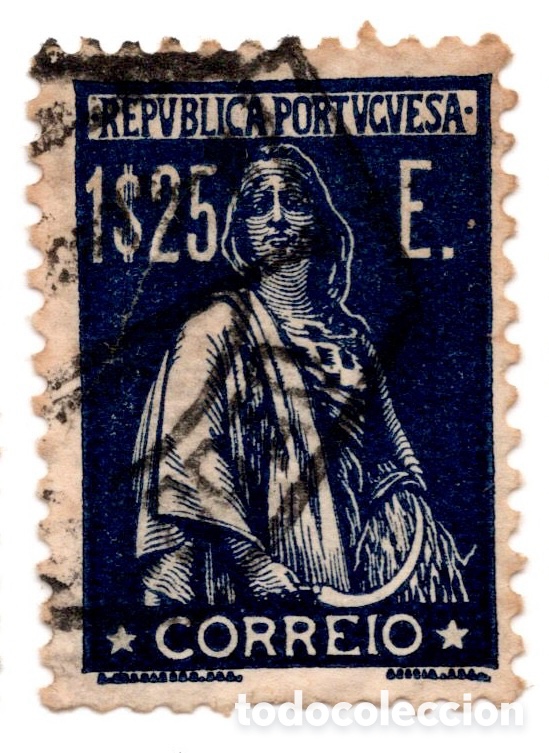 Sellos: Portugal Ceres 1$25 E. azul oscuro usado - sello cl&aacute;sico valor alto