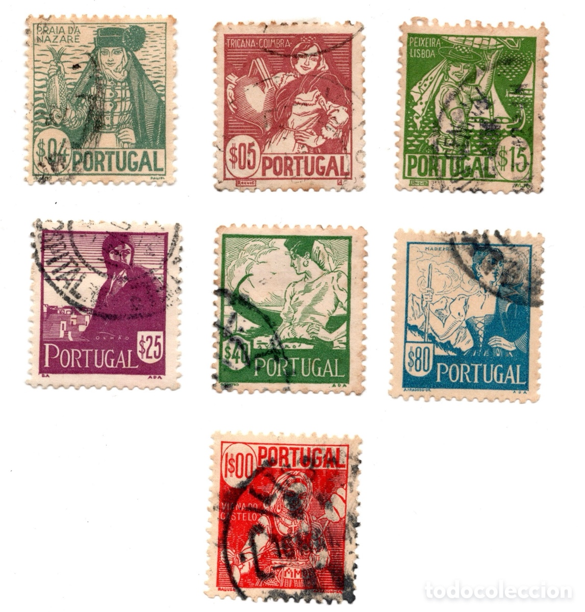 Sellos: Portugal 1941 Trajes Regionales 7 valores $04 a 1$00 usados