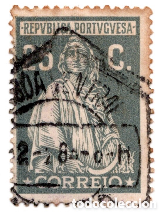 Sellos: Portugal Ceres 1926 Emisi&oacute;n de Londres 25c gris azulado matasellos fechador