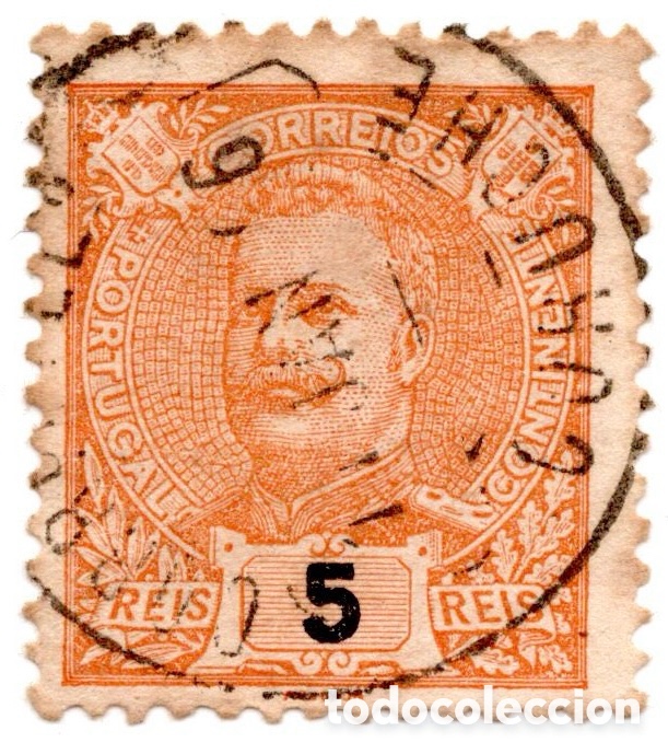 Sellos: Portugal 1895 D. Carlos I Mouchon 5 reis naranja usado dent. 11&frac12;
