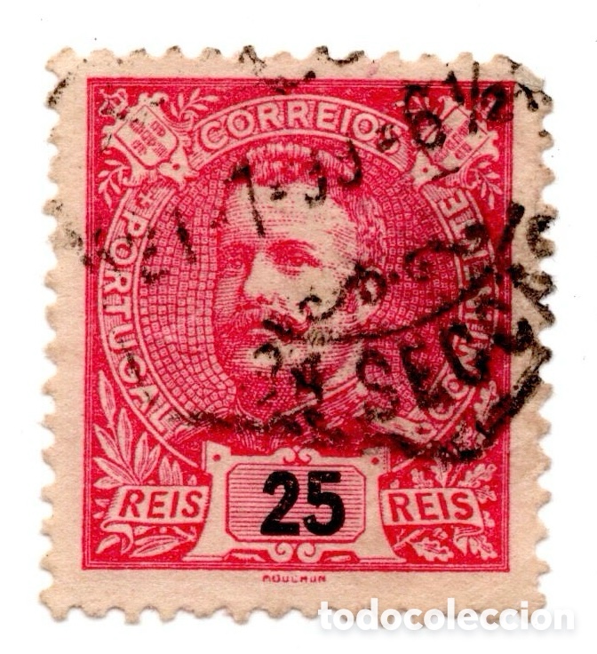 Sellos: Portugal 1895-1905 D. Carlos I Mouchon 25 reis carm&iacute;n usado dent. 11&frac12;