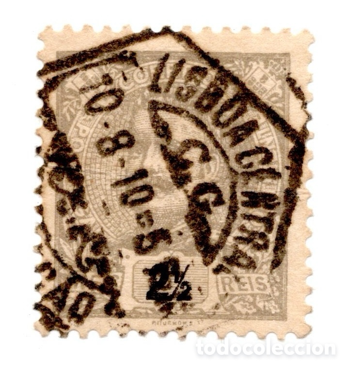Sellos: Portugal Mouchon 2&frac12; reis gris matasellos Lisboa Central 10-8-1910