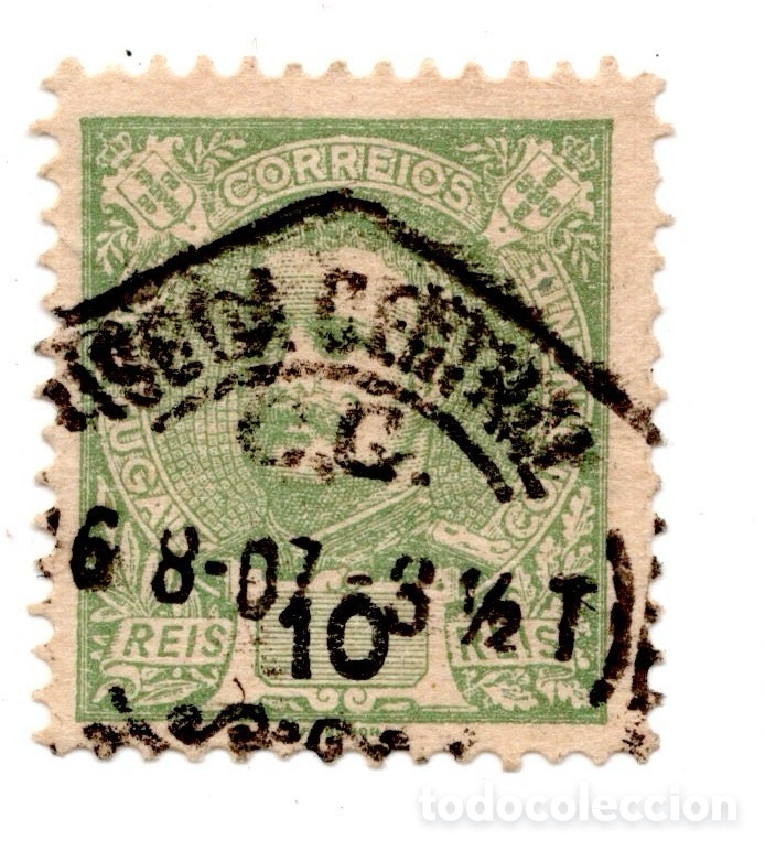 Sellos: Portugal Mouchon 10 reis verde matasellos Lisboa Central 6-8-1907