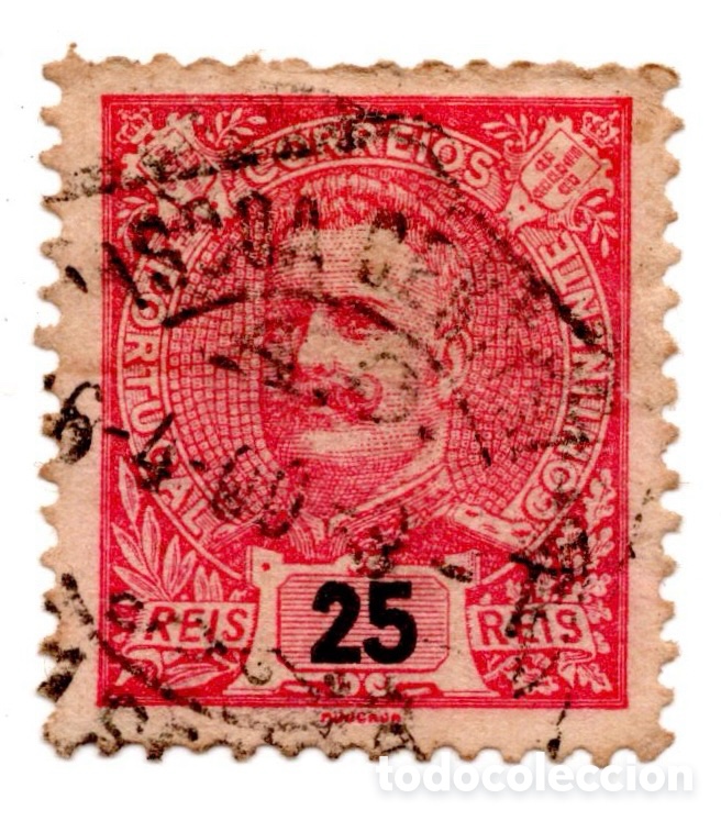 Sellos: Portugal 1895-1905 D. Carlos I Mouchon 25 reis carm&iacute;n usado dent. 11&frac12;