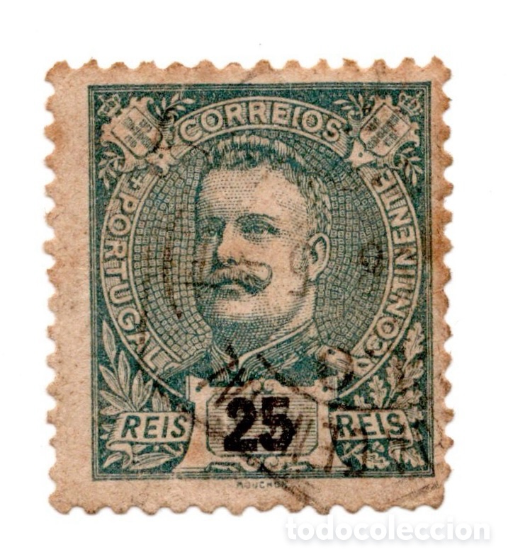 Sellos: Portugal 1895 D. Carlos I Mouchon 25 reis verde azulado usado dent. 11&frac12;