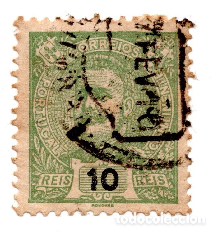Sellos: Portugal 1895-1905 D. Carlos I Mouchon 10 reis verde usado dent. 11&frac12;