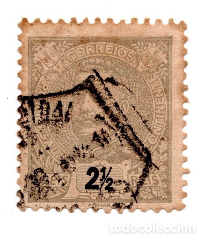 Sellos: Portugal 1895-1905 D. Carlos I Mouchon 2&frac12; reis gris usado dent. 11&frac12;