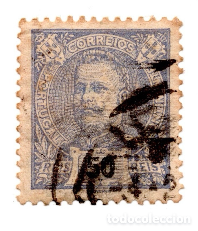Sellos: Portugal 1895-1905 D. Carlos I Mouchon 50 reis azul usado dent. 11&frac12;