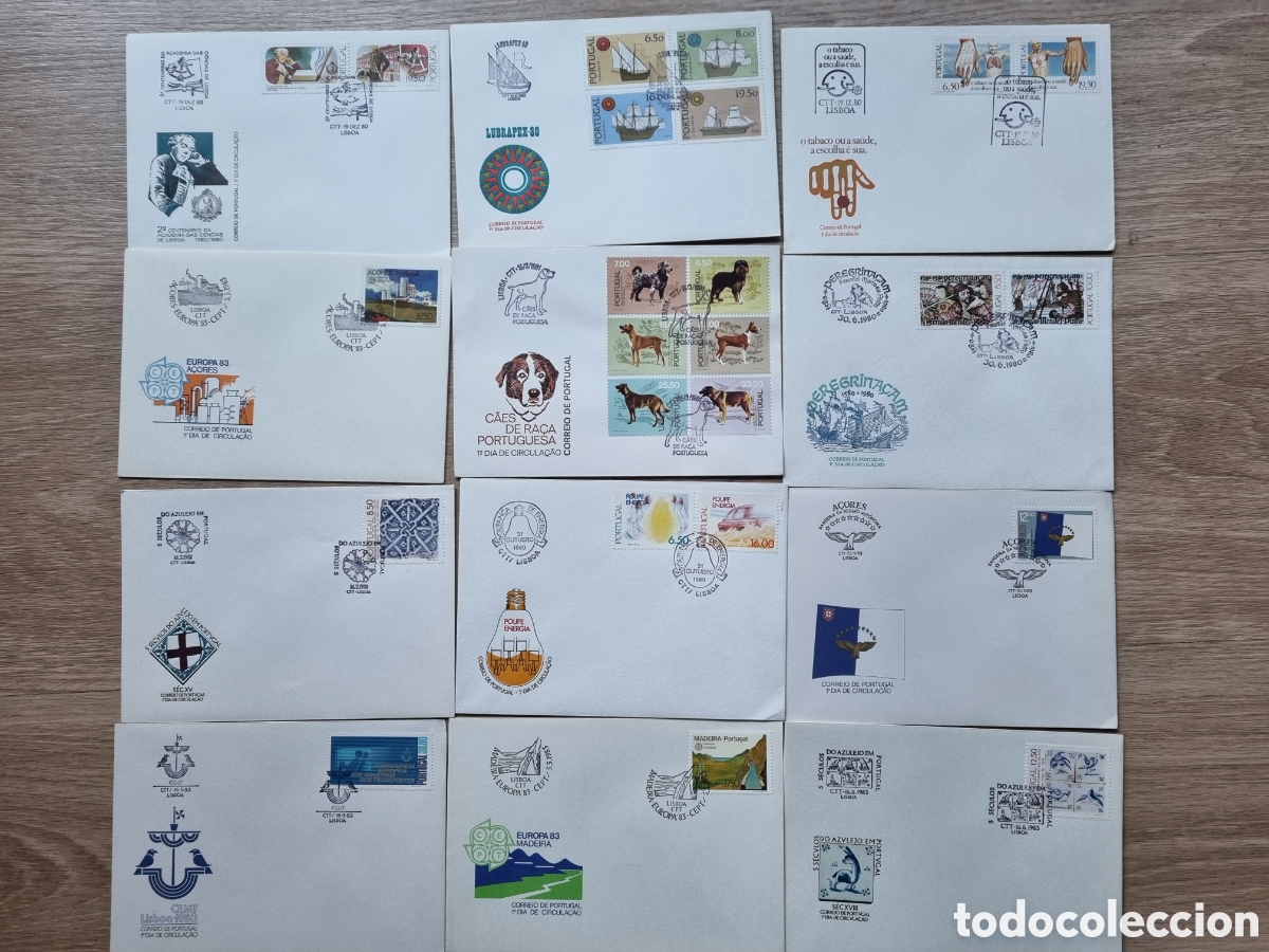 Selos: 12 sobres Portugueses. 1r d&iacute;a de circulaci&oacute;n de sellos de 1980-73. Matasellos, dise&ntilde;o especial .
