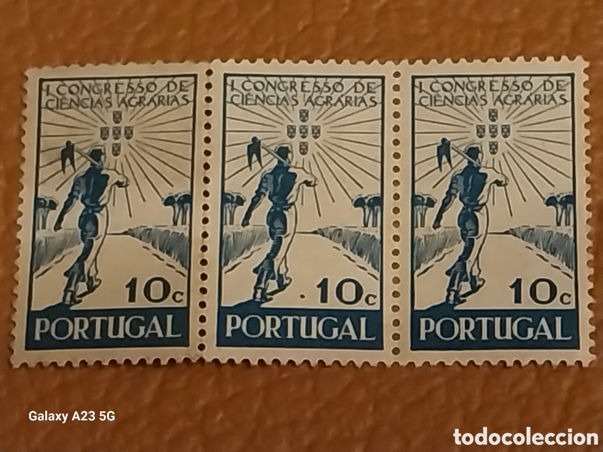 Sellos: Tira 3 Sellos Portugal 1943 I Congreso Ciencias Agrarias 10c Cat. Scott 634 MNH