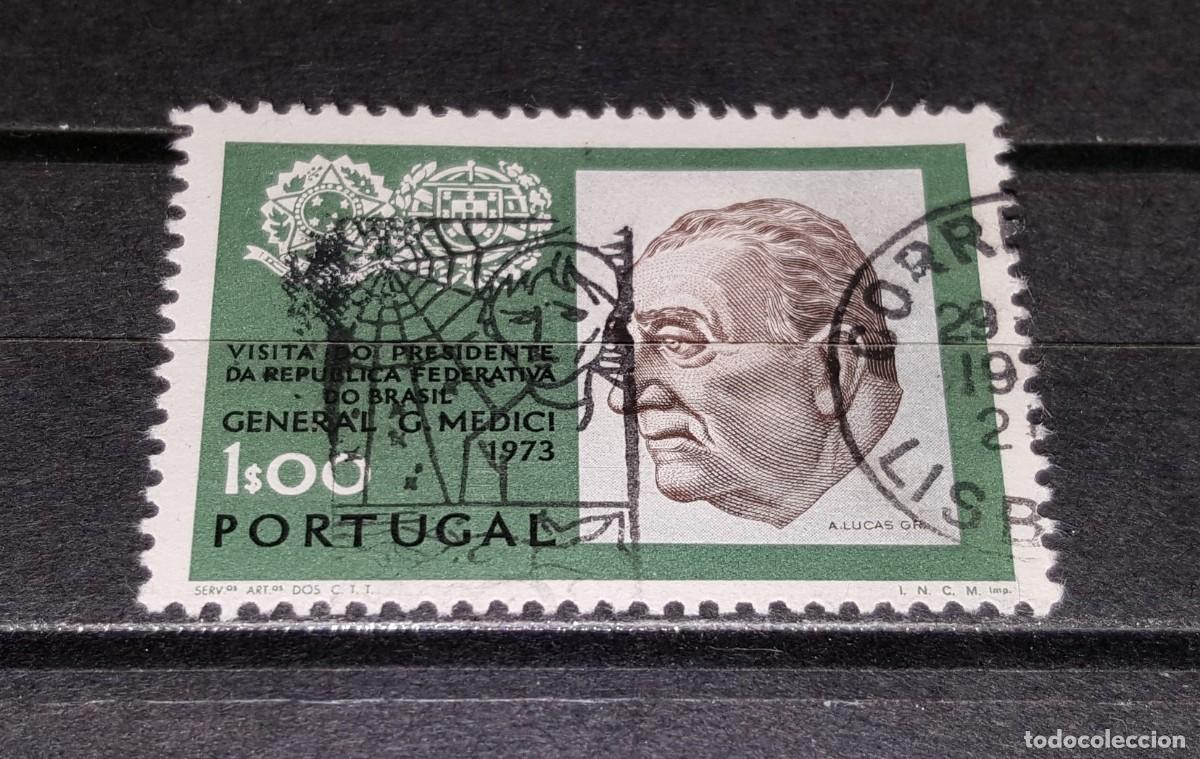 Sellos: Sello usado. Visita Presidente E. garrastaz&uacute; (Brasil). 1 escudo. 1973. Yvert 1182.