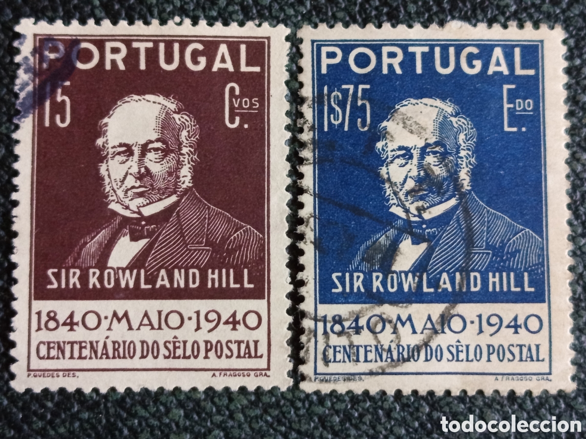 Sellos: Lote Portugal 1940 Centenario Sello Sir Rowland Hill 15c y 1$75 Usado Yv600