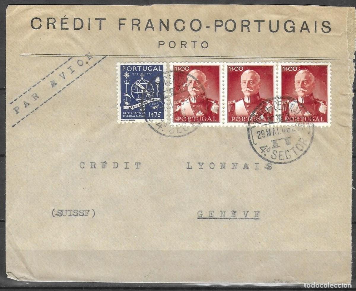 Sellos: PORTUGAL 1946 - Carta por Avi&oacute;n de Oporto a Ginebra - Publicidad de Cajas Fuertes Fichet en el Rever