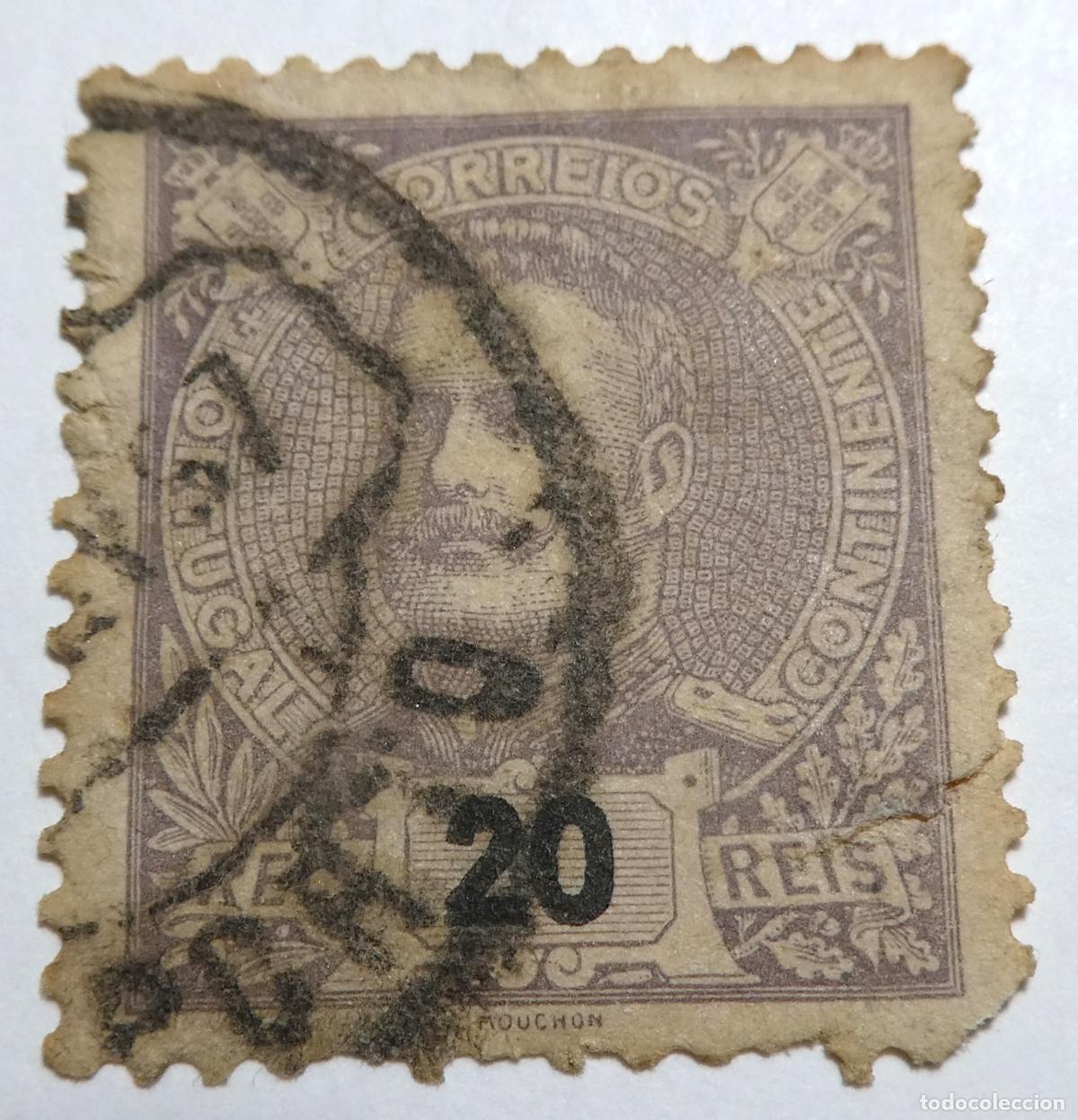 Sellos: Sello postal de Portugal Carlos I (dise&ntilde;o de Mouchon) 20 R&eacute;is 1895