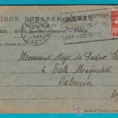 Sellos: ENTERO POSTAL FRANCIA 1923, MAISON BOUASSE LEBEL CHEQUE POSTAUX, PARIS - VALENCIA. Lote 34581828