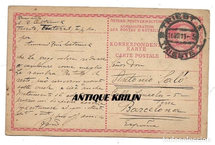 Sellos: ENTERO POSTAL DE TRIESTE A BARCELONA 1911 - Foto 1