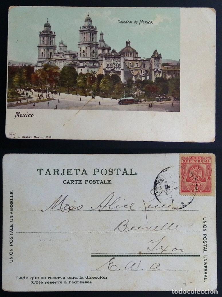 Stamps: CMI) 1931. MEXICO. POSTCARD. MEXICO CITY METROPOLITAN CATHEDRAL AND VINTAGE TRAM. EAGLE (NATIONAL SY