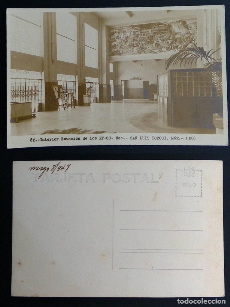 Stamps: CMI) 1947. MEXICO. POSTCARD. INTERIOR OF THE NATIONAL RAILWAYS STATION IN SAN LUIS POTOS&Iacute;. FRONT AND