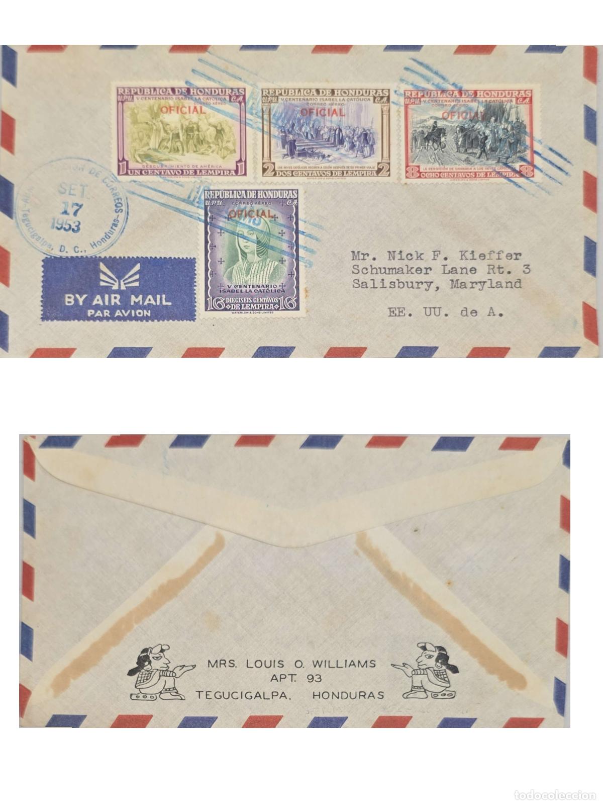 Selos: CMI) 1953. HONDURAS. QUINCENTENARY OF ISABELLA THE CATHOLIC. COVER SENT TO THE USA. XF