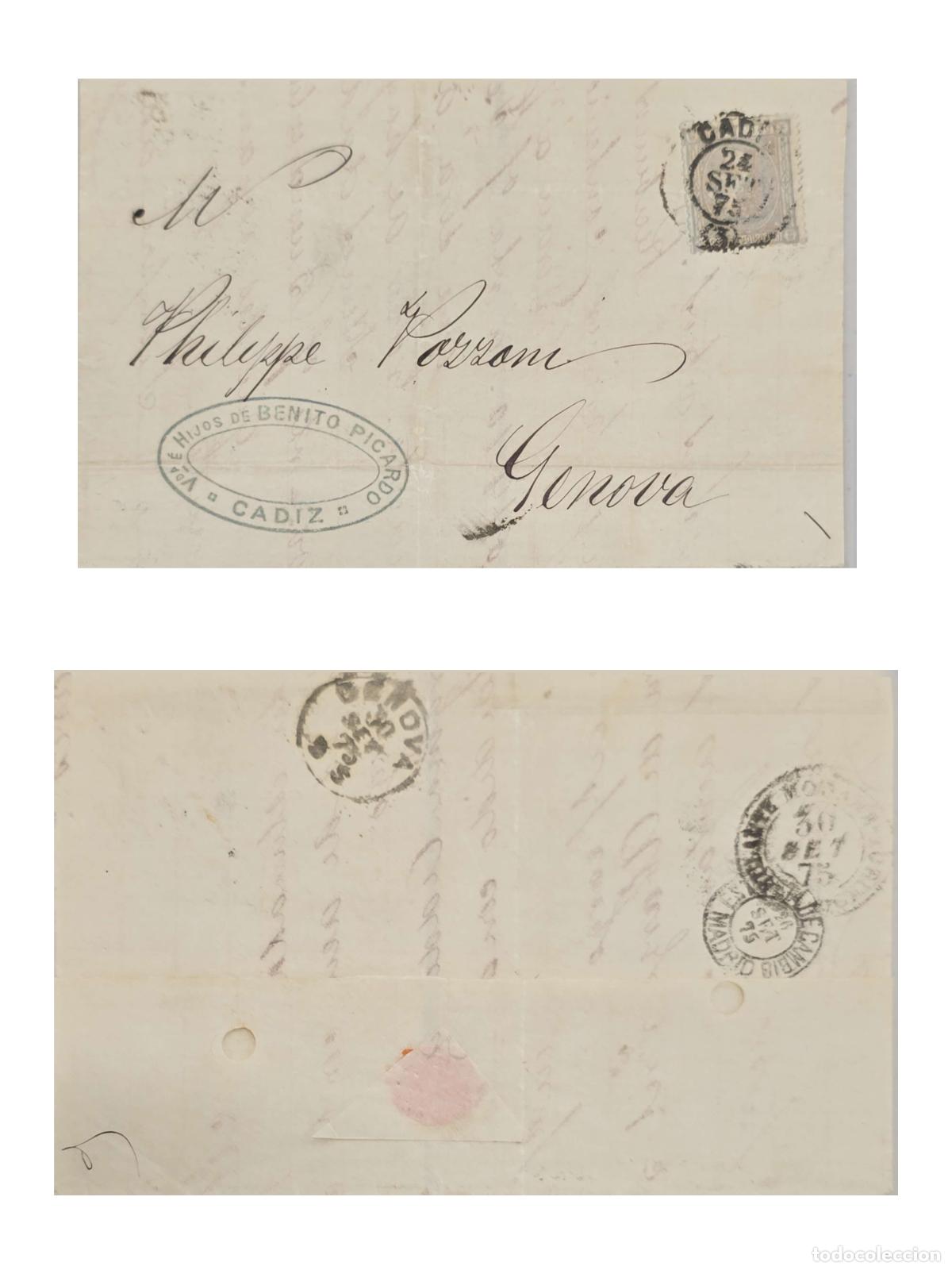 Selos: CMI) 1875. SPAIN. CLASSIC STAMP WITH C&Aacute;DIZ CANCEL. COVER SENT TO ITALY. FRONT AND BACK. XF