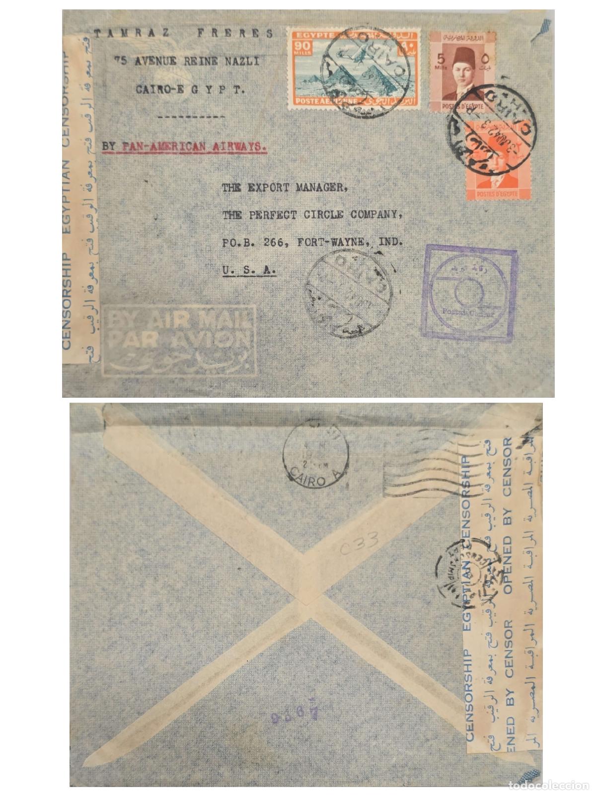 Selos: CMI) 1942. EGYPT. PORTRAIT OF KING FAROUK. THE THREE PYRAMIDS OF EGYPT. COVER SENT TO THE USA. FRONT
