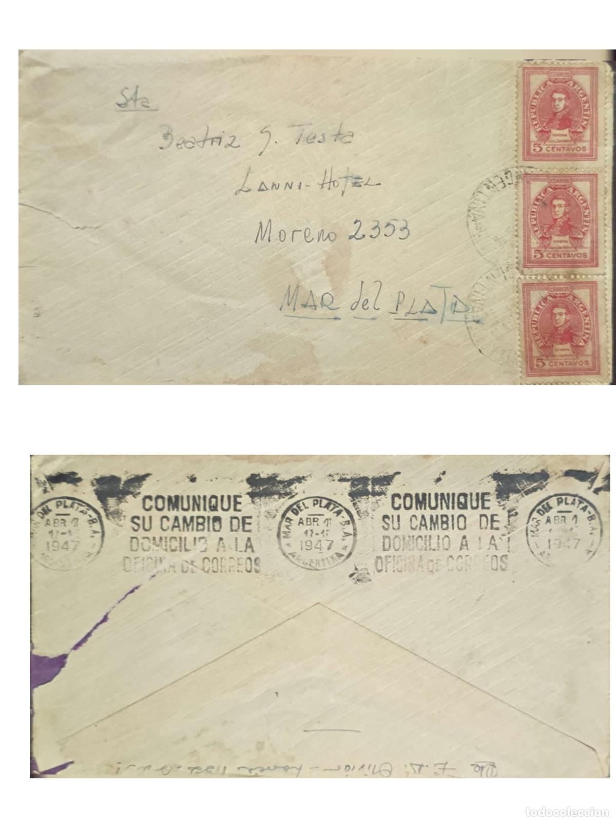 Selos: CMI) 1947. ARGENTINA. NATIONAL HERO / FACE OF THE REPUBLIC. INTERNAL MAIL. FRONT AND BACK. XF