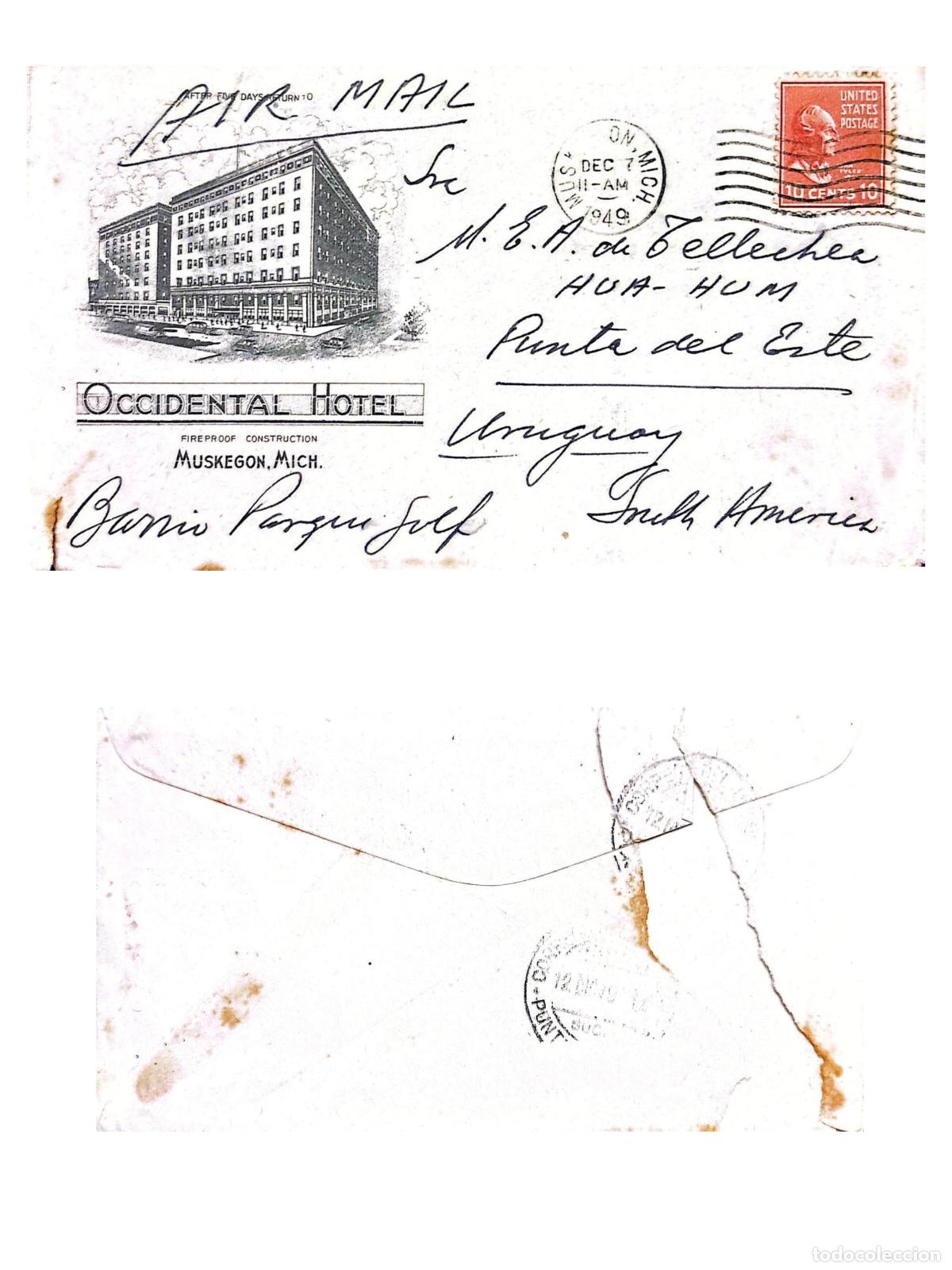 Selos: CMI) 1949. UNITED STATES. HISTORICAL FIGURE. OCCIDENTAL HOTEL ENVELOPE. SENT TO URUGUAY. FRONT AND B
